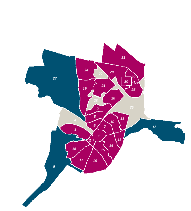 Kaart van de wijken van Amersfoort in drie kleuren, roze voor woonwijken, licht bruin voor industrie en/of natuurgebieden en donker blauw voor bosgebieden 
